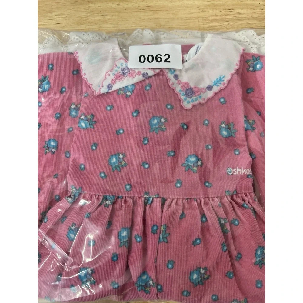 Vintage Oshkosh B'Gosh‎ Size 5 Pink Floral Corduroy Dress Eyelet Lace Trim